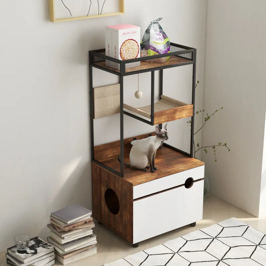 Multifunctional Cat Litter Box Enclosure & Cat Tree